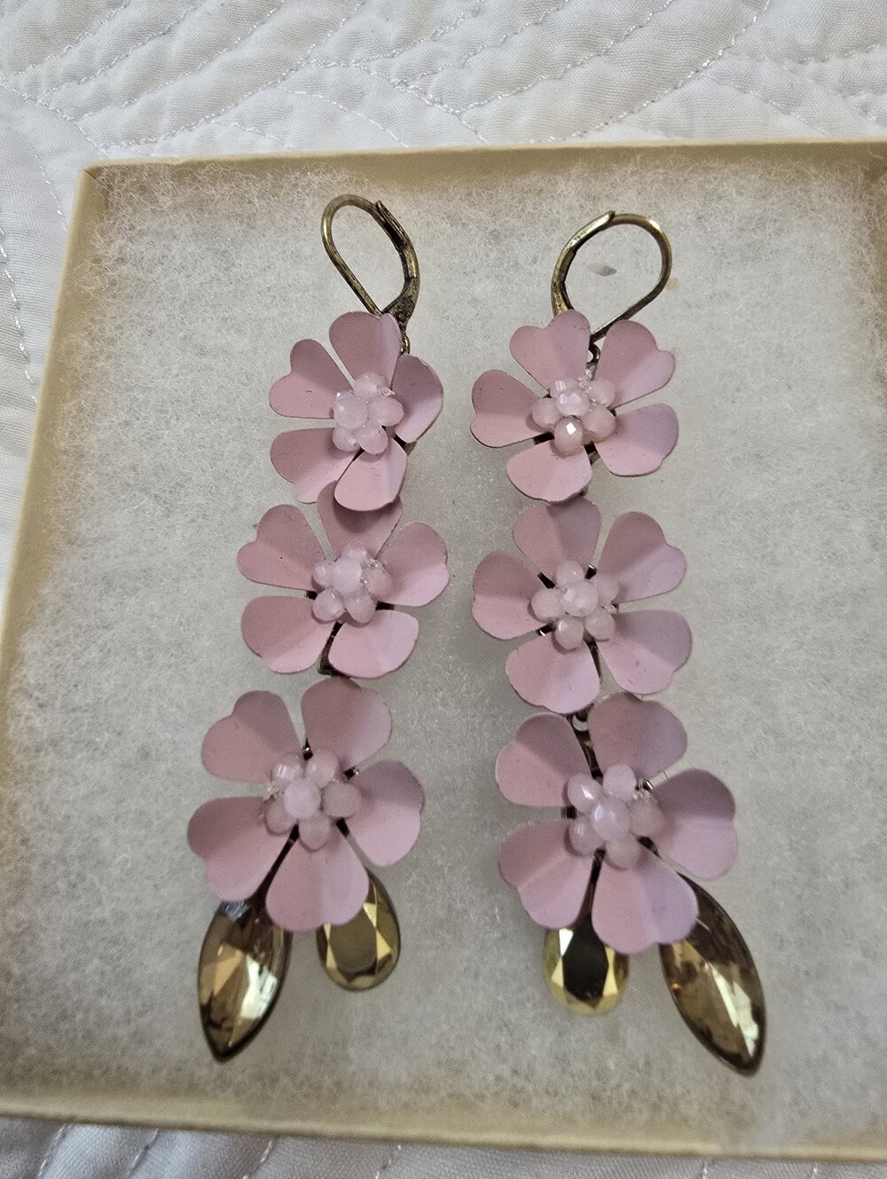 Vintage Vera Wang Pink Enamel Floral Drop Dangle Earrings Cyrsta Rinestones